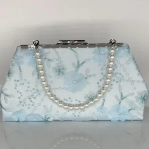 Blue Blossom Clutch with pearl handle chain, light blue floral embroidered evening bag for women