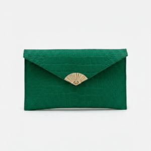 Emerald green embossed envelope bag with gold twist lock—luxury women's accessory