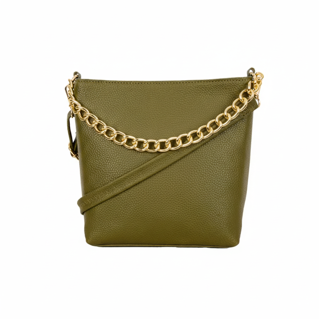 Fuller Green Small Bucket Bag – Olive Green Textured Bucket Bag WEAR VIBE Fuller Green Small Bucket Bag by WEAR VIBE – olive green textured bucket bag with gold chain handle and adjustable crossbody strap