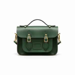 Greenwich Satchel bag in green leather, luxury handbag with gold buckles
