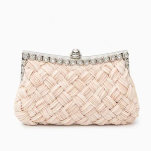 Blush pink woven clutch bag with crystal detailing