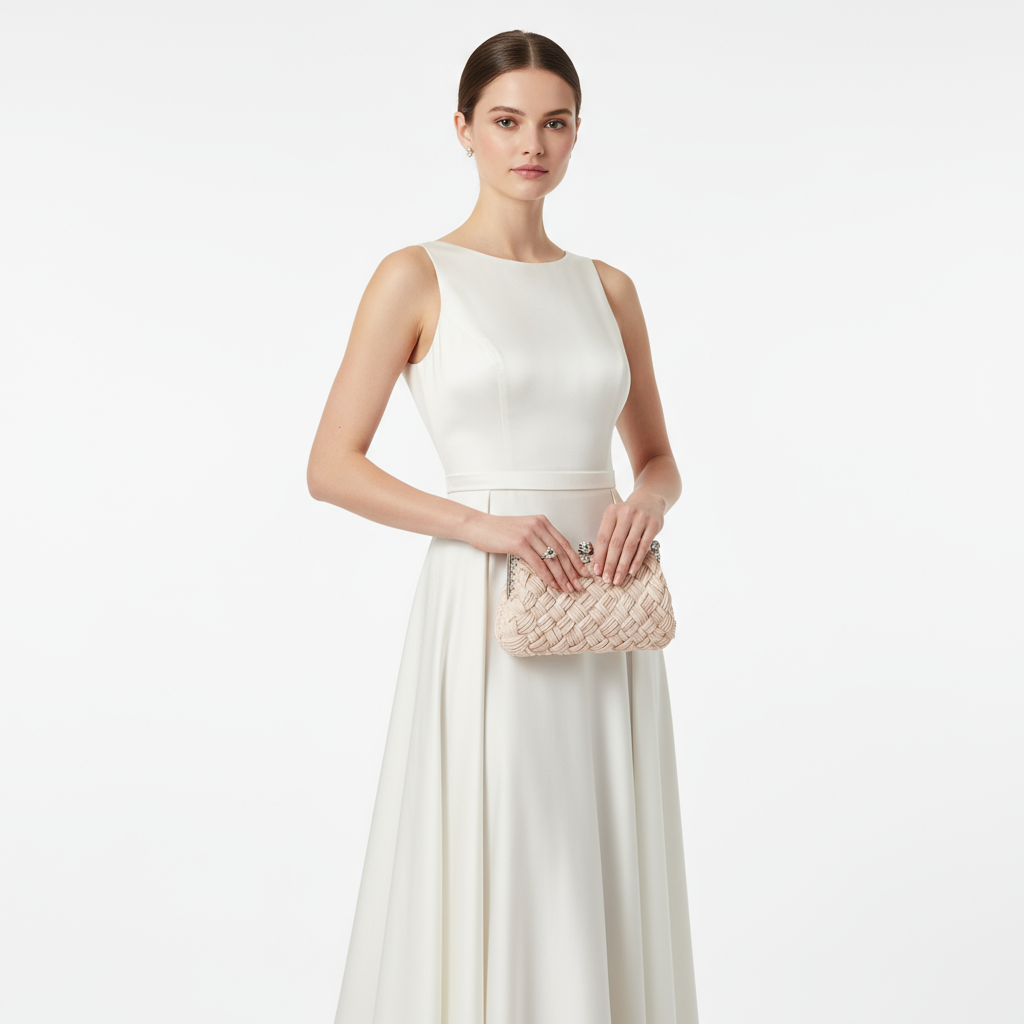 Model with Woven Clutch Bag – Blush Pink Crystal Party Clutc Model posing with blush pink woven clutch bag with crystal detailing