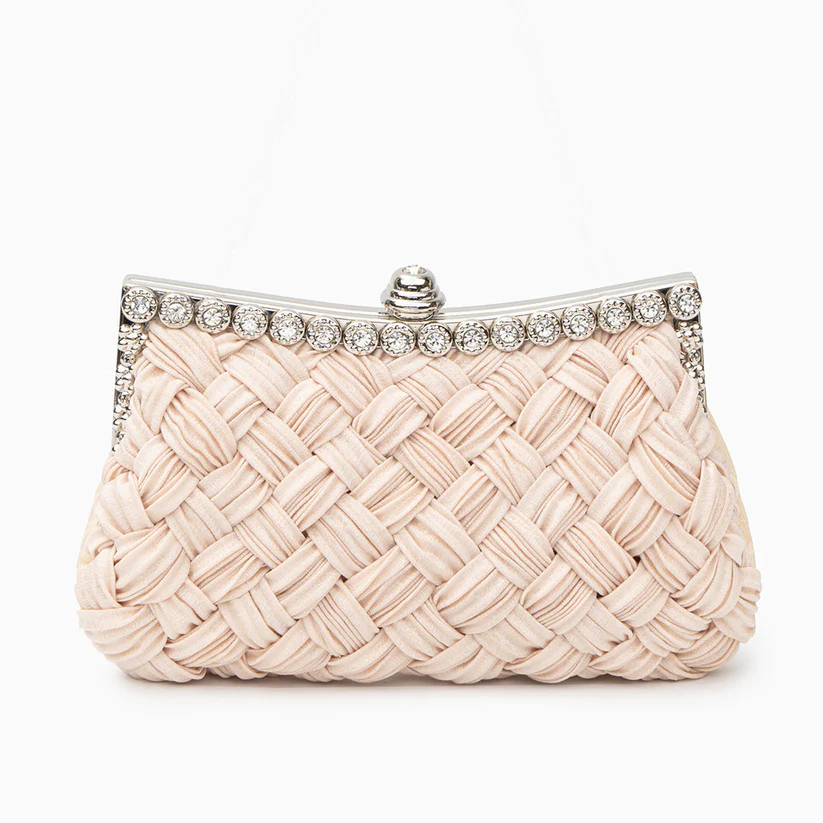 Woven Clutch Bag Blush Pink Crystal Blush pink woven clutch bag with crystal detailing